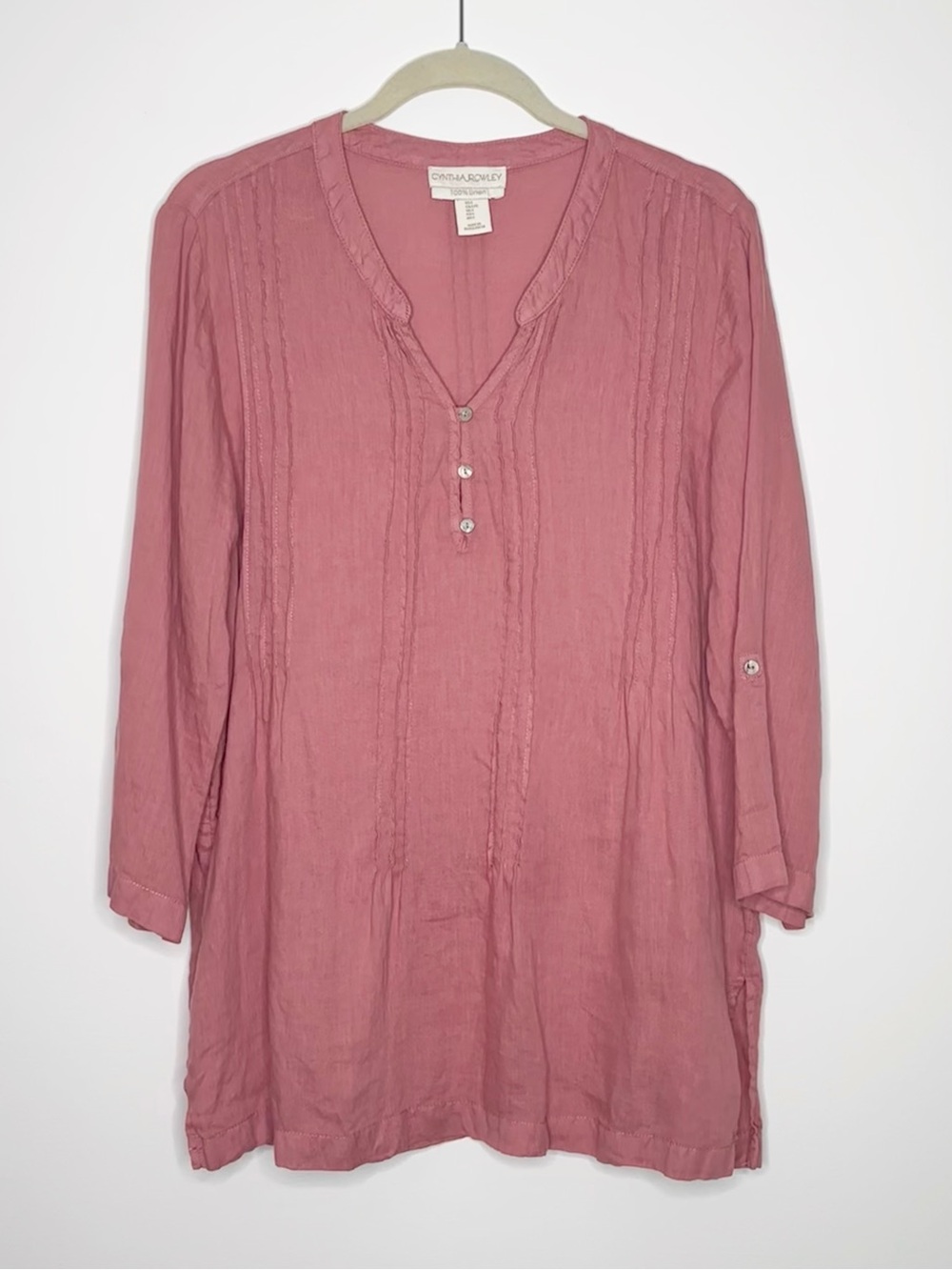 100% Linen Cynthia Rowley Tunic Blouse Pleated Pink Lightweight Summer Office L - Picture 2 of 6